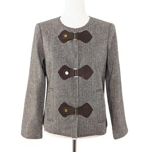 Tory Burch‎ Wool Herringbone Jacket Snap Leather Strap Blazer Size 6 Brown Tan